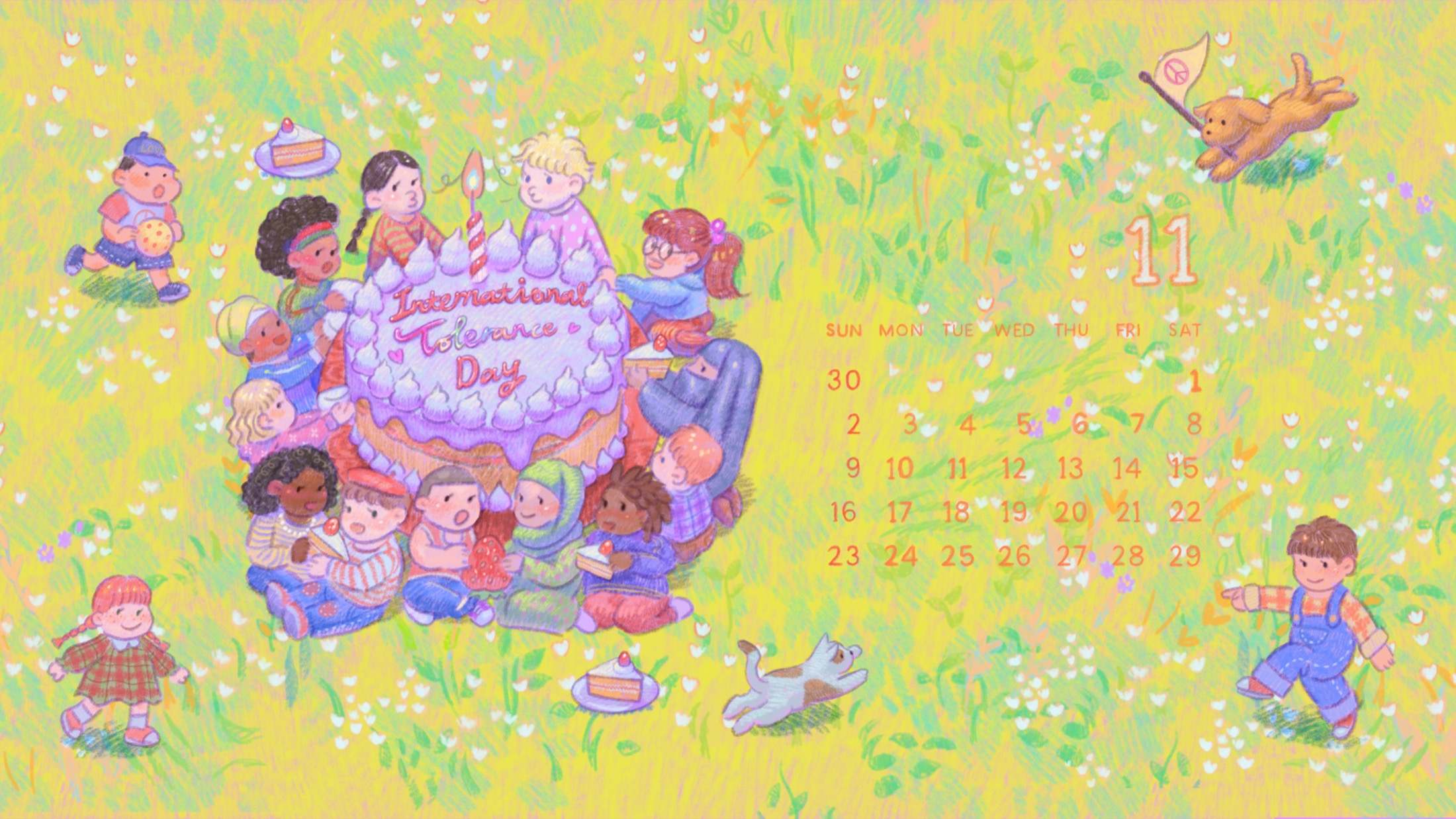 November calendar layout featuring the International Day for Tolerance illustration.